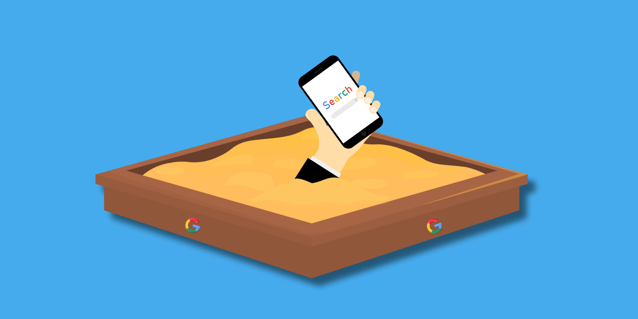 En illustrerad sandlåda med Googles logotyp, där en hand i kostym sträcker sig upp ur sanden och håller en mobiltelefon med ordet "Search" på skärmen.