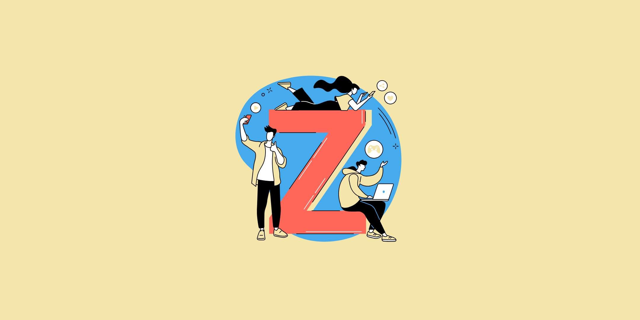 En illustration av tre personer från Generation Z som använder sina smartphones och datorer, med ett stort "Z" i bakgrunden.